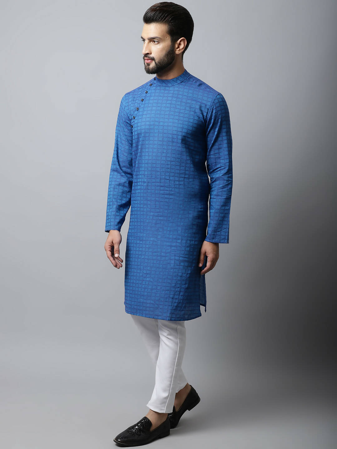 Even Apparels Blue Color Pure Cotton Men's Kurta With Band Collar (CHK1198) 