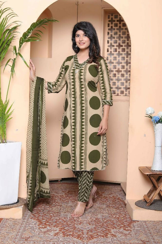Miravan Womens Polka Dot Printed V-Neck Kurta With Palazzo And Dupatta Set