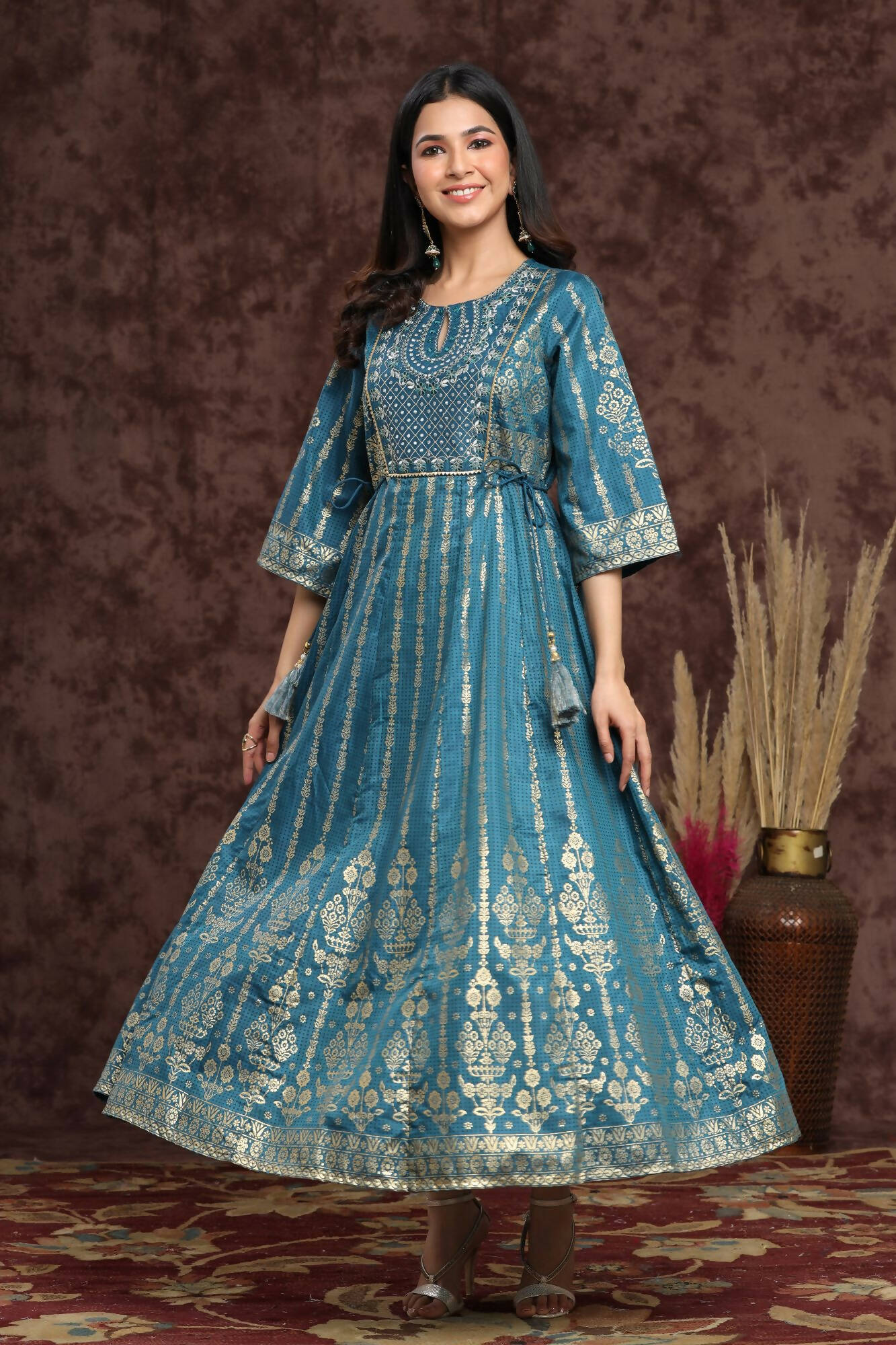 Juniper Women Teal Shantoon Printed Anarkali Dress