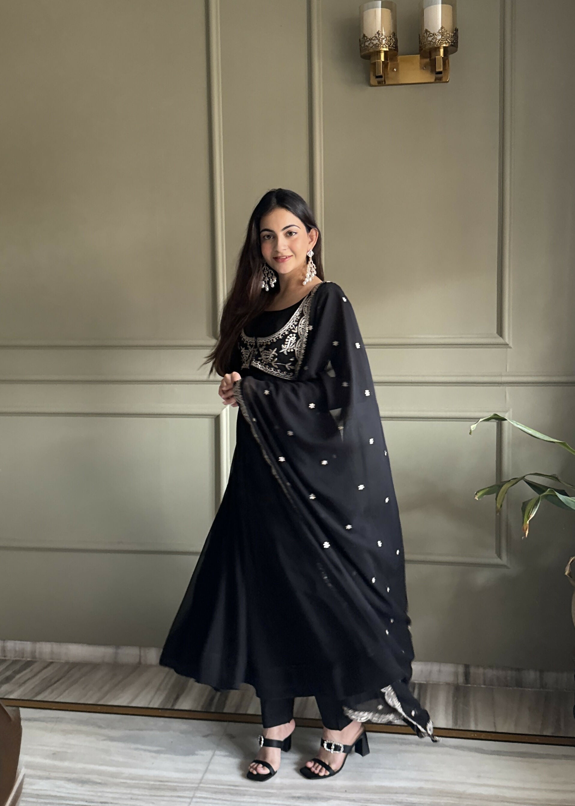 Lehenga Mart Designer Anarkali Suit With Kurta, Pant, Dupatta For Women-Black