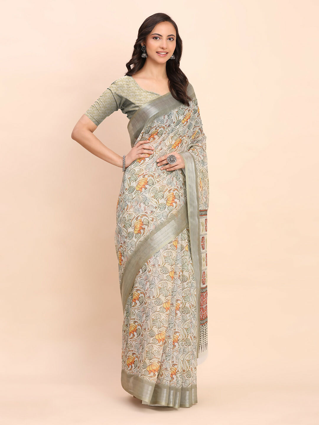 Shree Shyam Fashion Linen Cotton White Saree