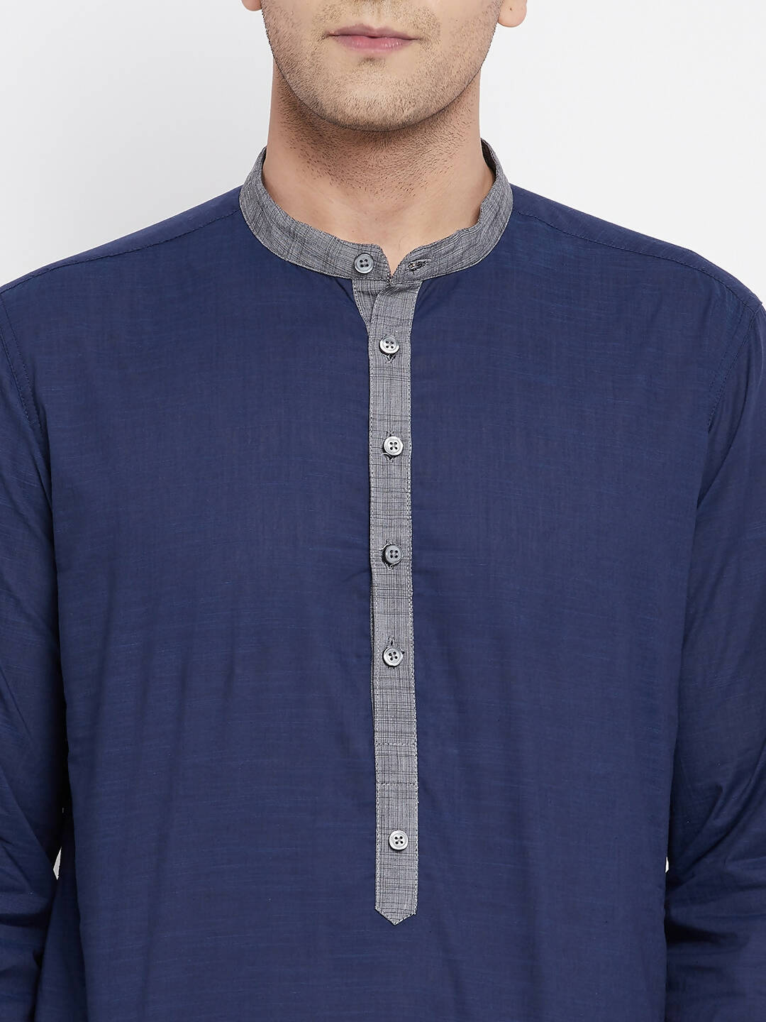 Even Apparels Blue Pure Cotton Men's Kurta With Contrast Collar And Placket 