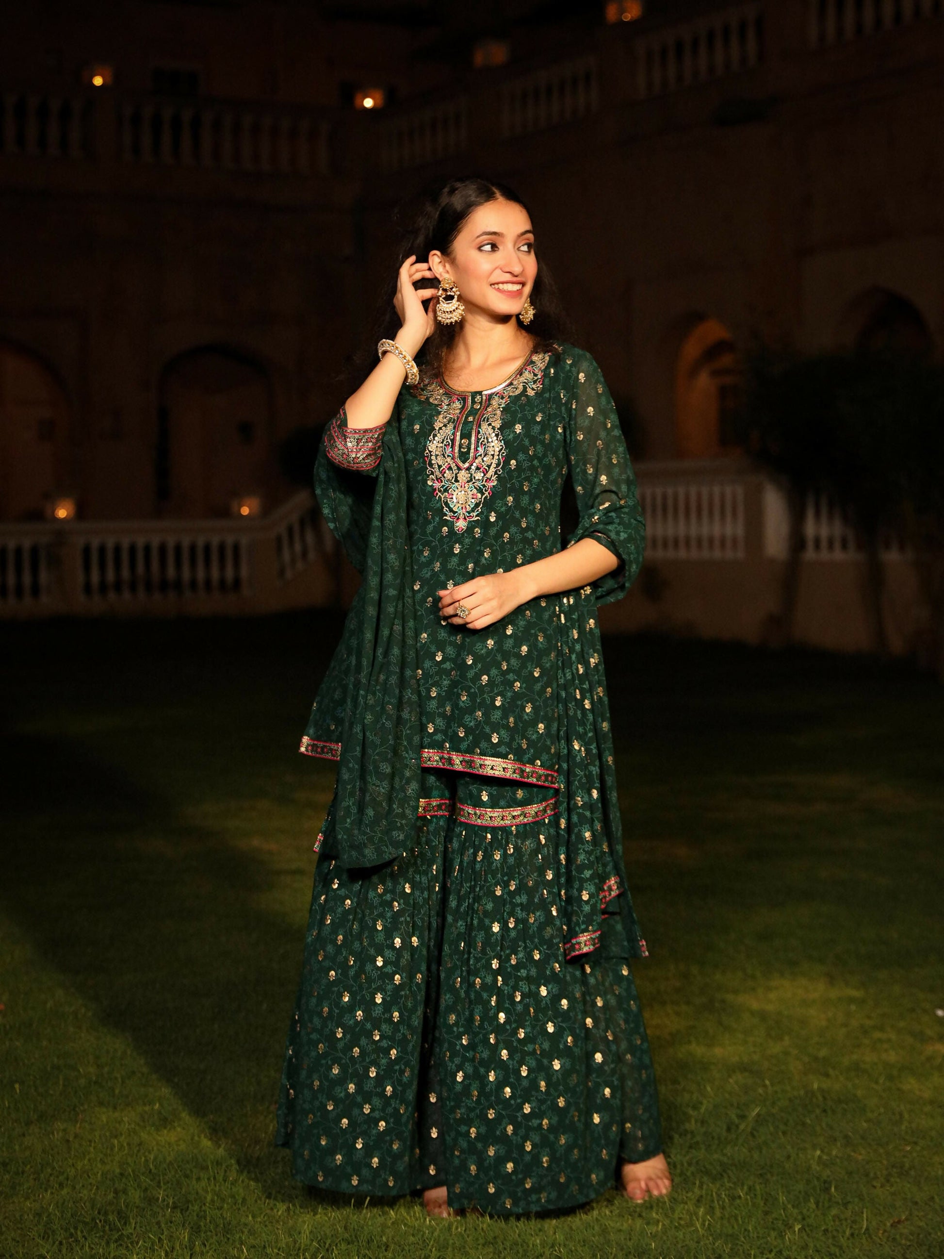 Juniper Women's The Swarn Jade Green Ethnic Motif Printed Georgette Kurta Pant And Dupatta With Sequins & Zari Work
