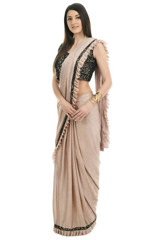 Mominos Fashion All Season Wear Beige And Black Colour Ruffled Ready To Wear Saree - Grab2buy