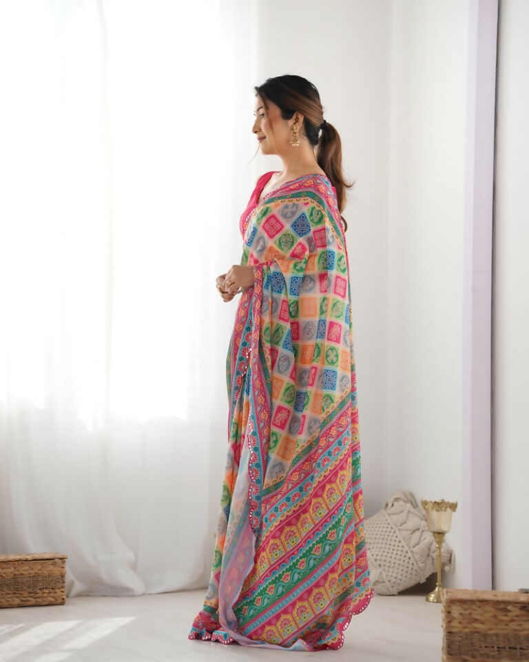 Multy Chinon Designer Digital Printed & Mirror Cut Work Saree - Kriti