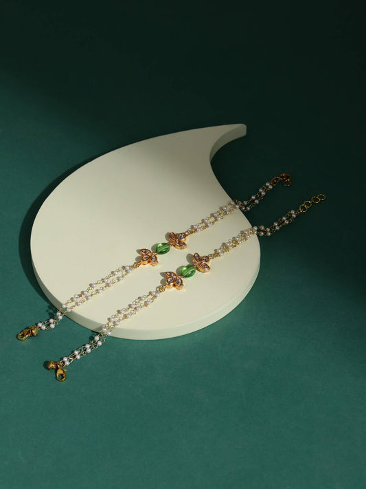 Gold Plated Green White Kundan Beads Anklet Set Of 2 - Ruby Raang - Grab2buy
