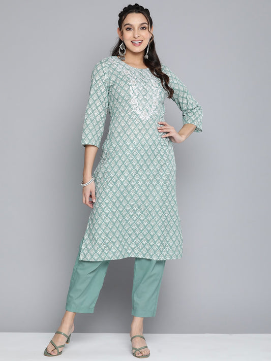 HERE&NOW Women Ethnic Motifs Embroidered Mirror Work Pure Cotton Kurta With Trousers