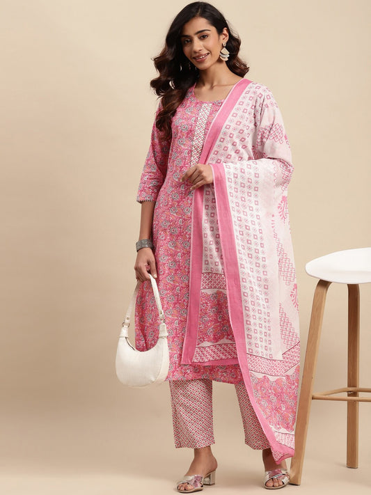 Sangria Floral Printed Gotta Patti Pure-Cotton A-Line Kurta With Trouser & Dupatta - Grab2buy