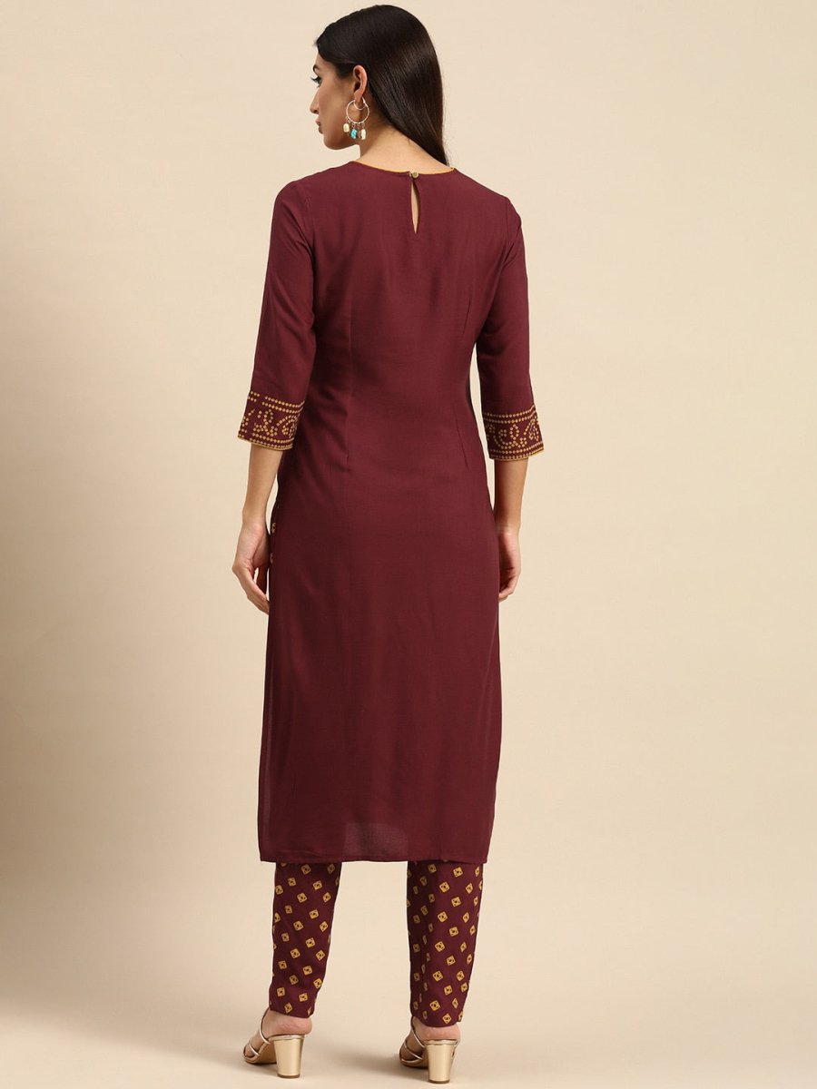 All About You Women Maroon Bandhani Printed Kurta with Trousers