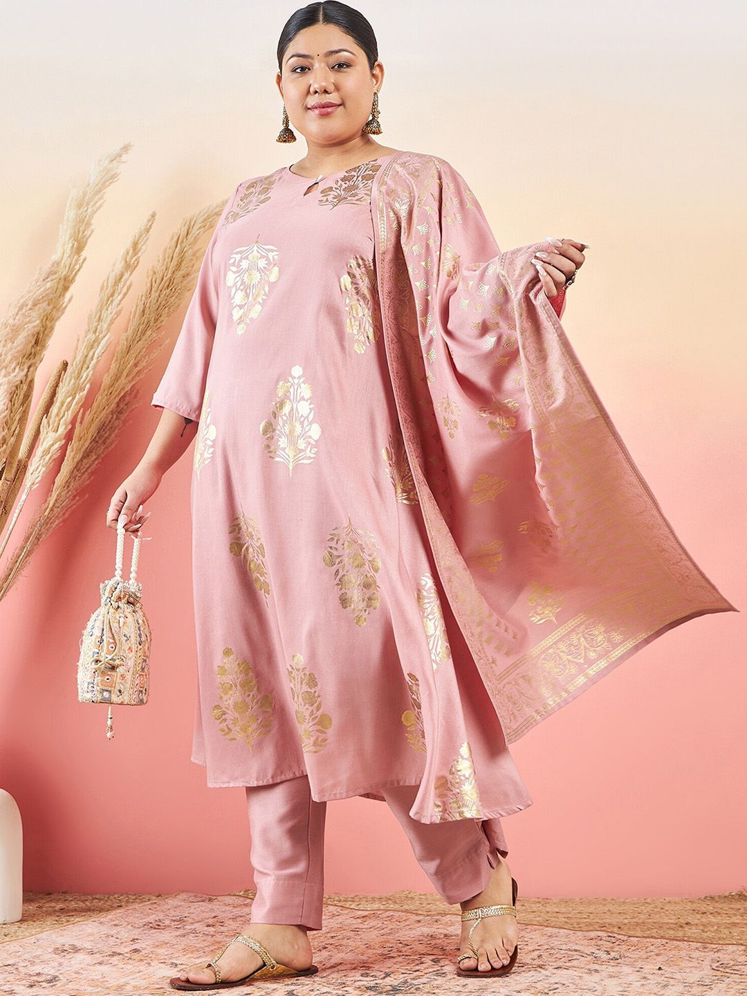Sztori Floral Printed Keyhole Neck Straight Kurta With Trouser & Dupatta
