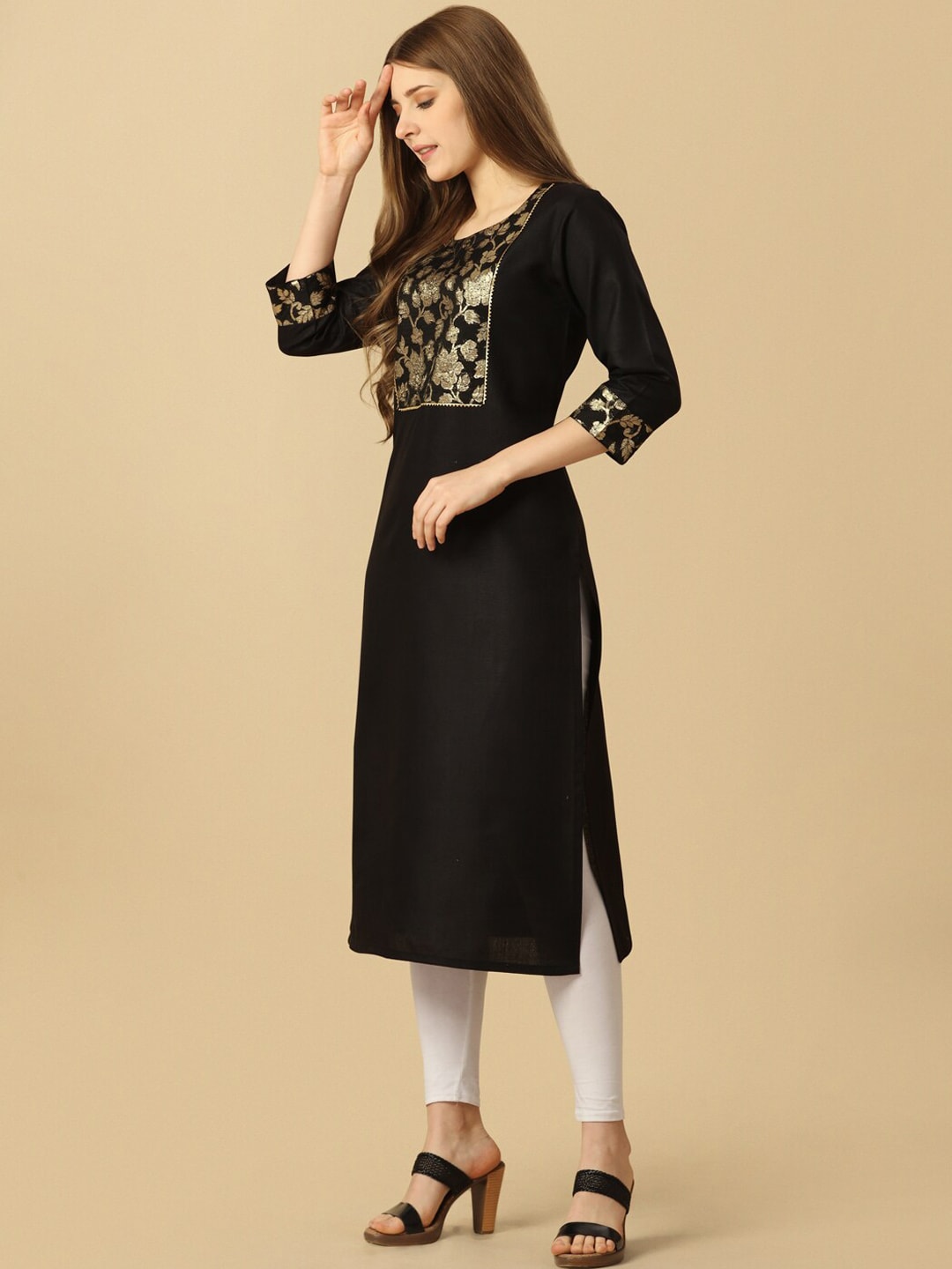 HERE&NOW Black & Gold Square Neck Yoke Design Cotton Kurta
