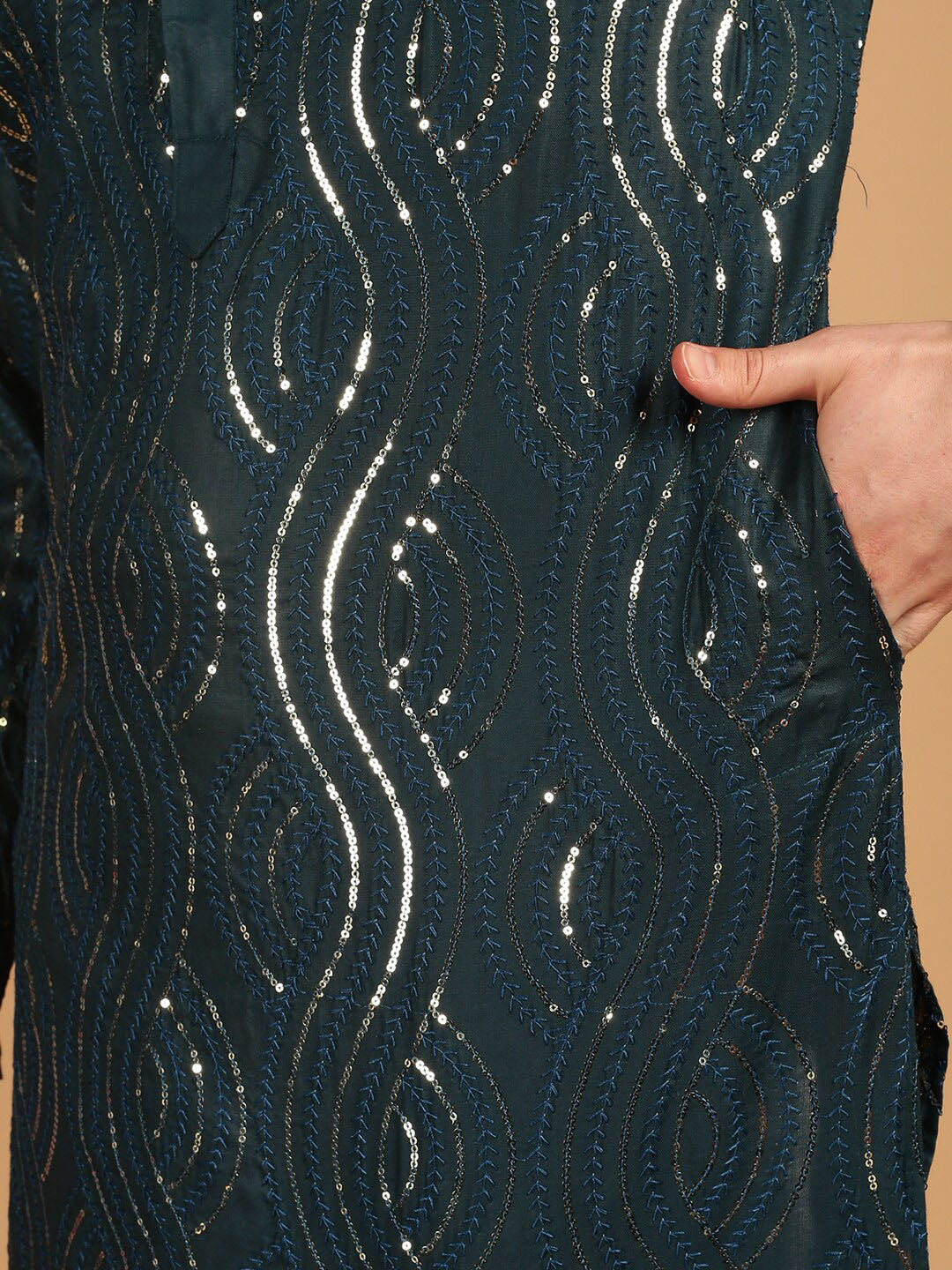 Sojanya Ethnic Motif Embroidered Band Collar Sequinned Pure Cotton Kurta 