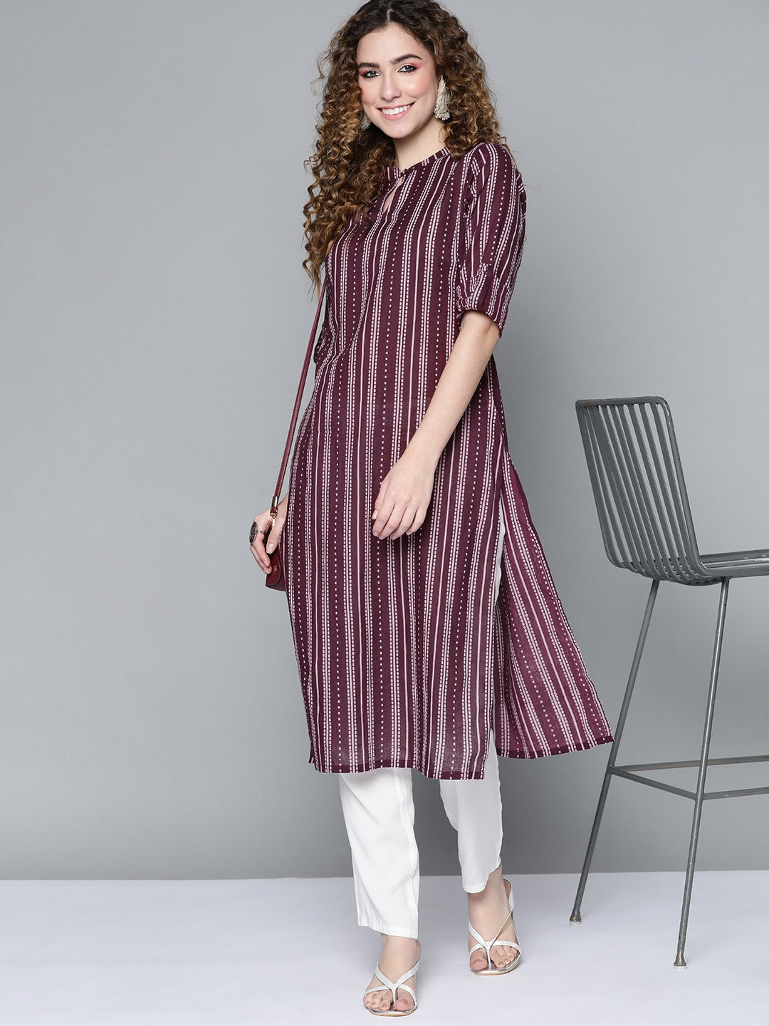 HERE&NOW Women Burgundy & White Printed Kurta