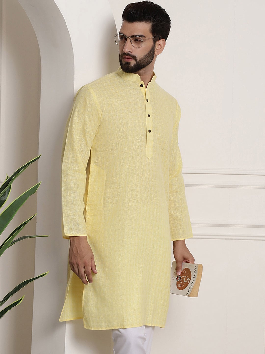 Sojanya Men Yellow Dobby Self-Checked Straight Kurta 