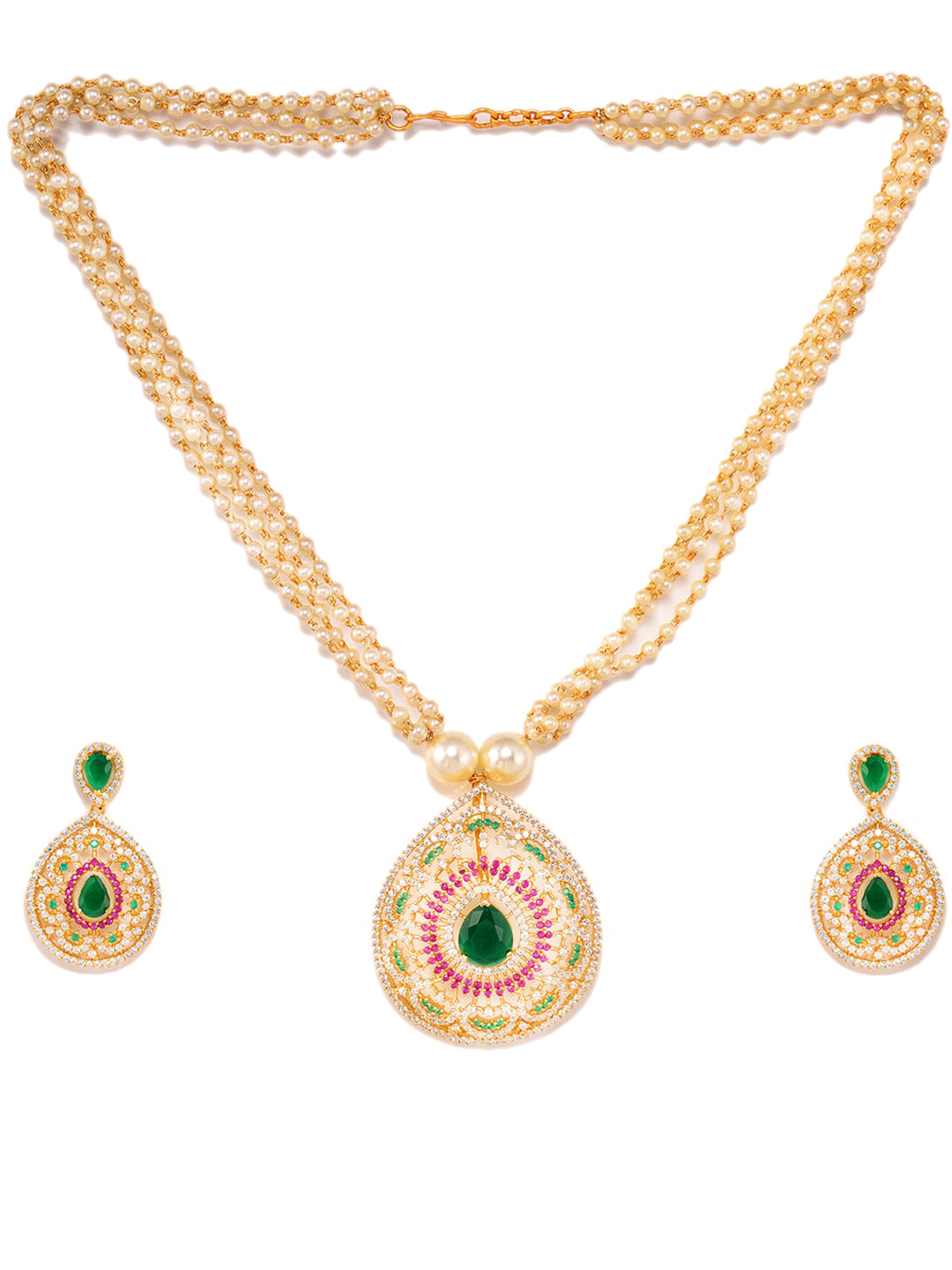 Saraf RS Jewellery Women Gold-Plated Multi Coloured AD Studded Pearl Mala & Earrings Set - Grab2buy