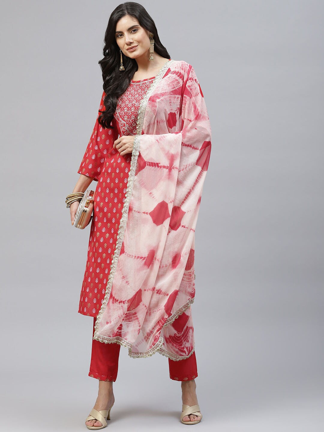 HERE&NOW Women Red Embroidered Straight Kurta with Trousers & With Dupatta