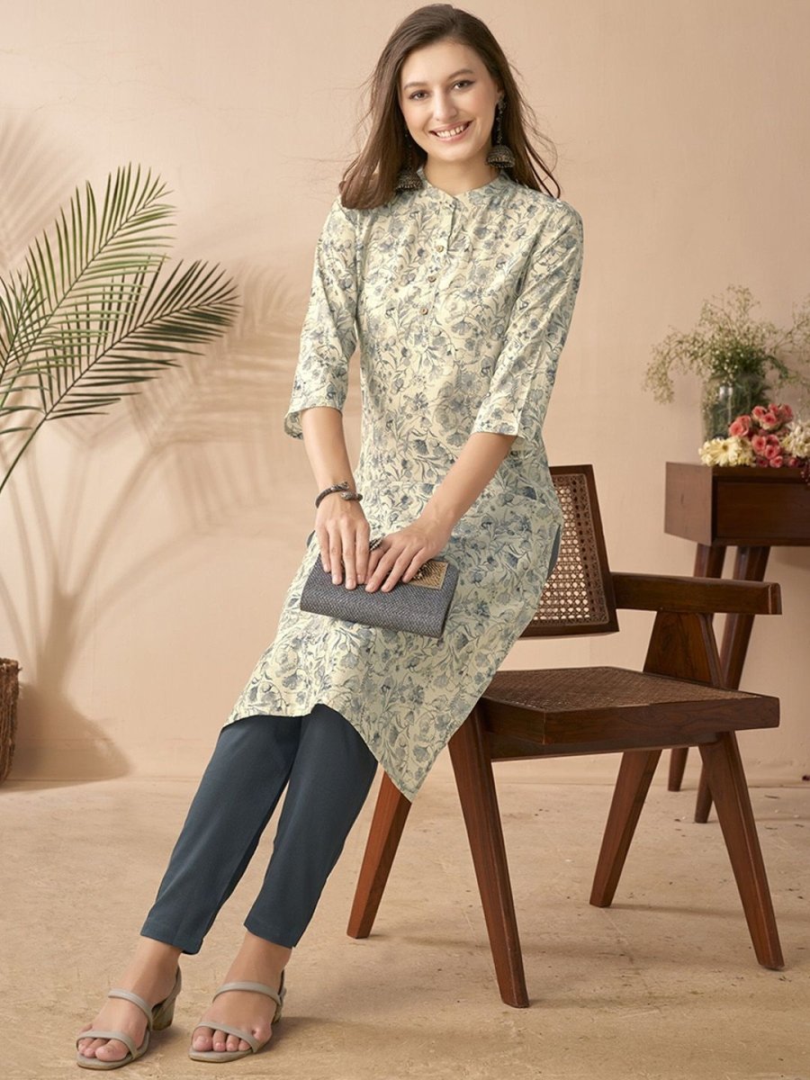 Anouk White & Blue Floral Printed Mandarin Collar Chanderi Silk Straight Kurta | Grab2Buy