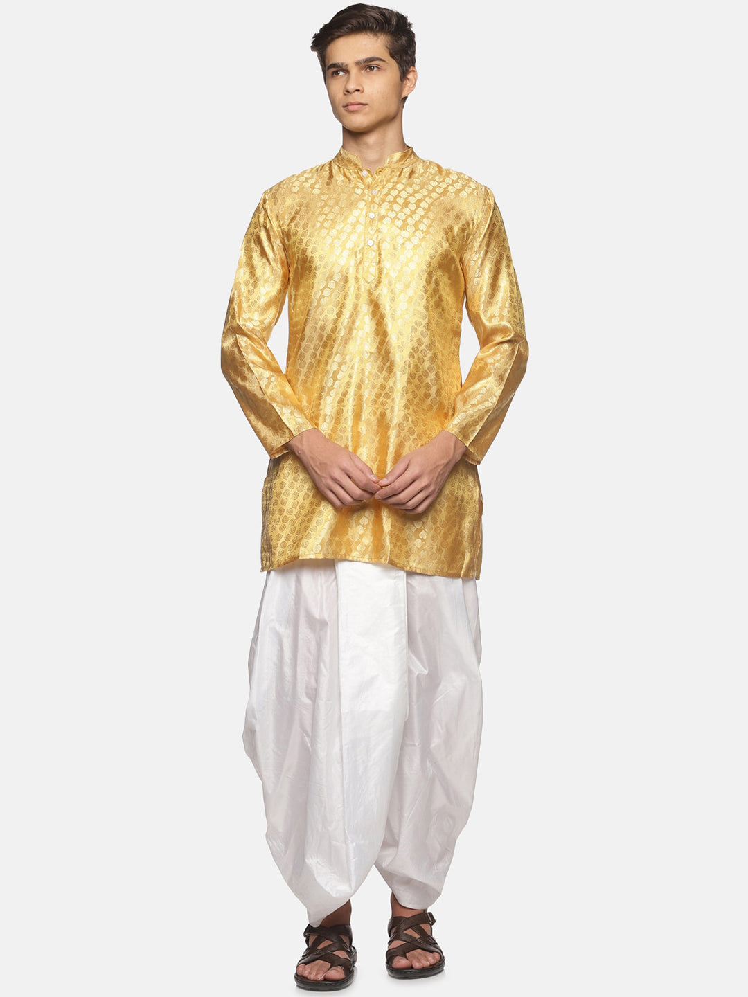 Sethukrishna Men Gold-Toned Ethnic Motifs Angrakha Kurta with Dhoti Pants