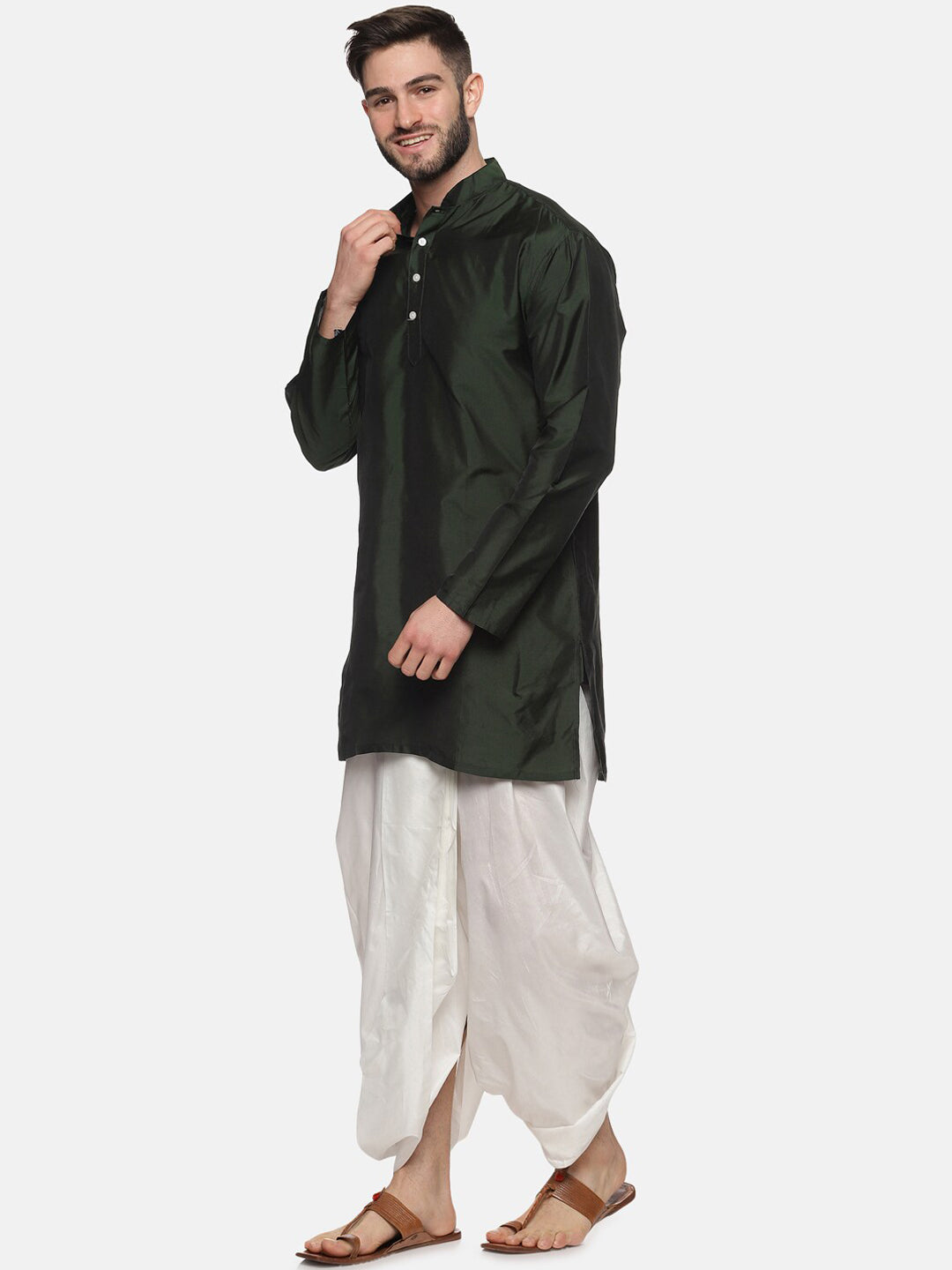 Sethukrishna Men Green Striped Kurta with Dhoti Pants