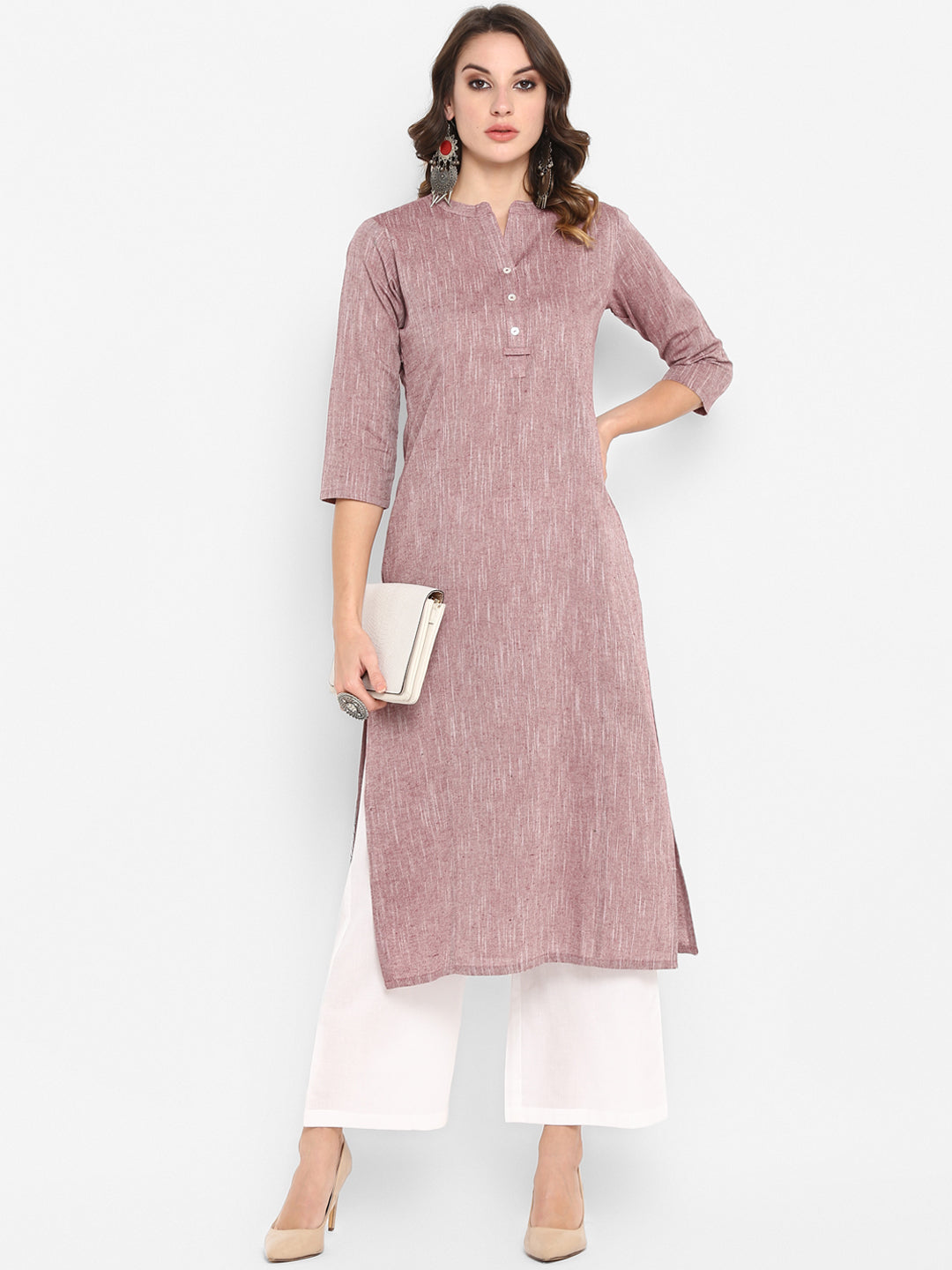Janasya Women Mauve Solid Straight Kurta