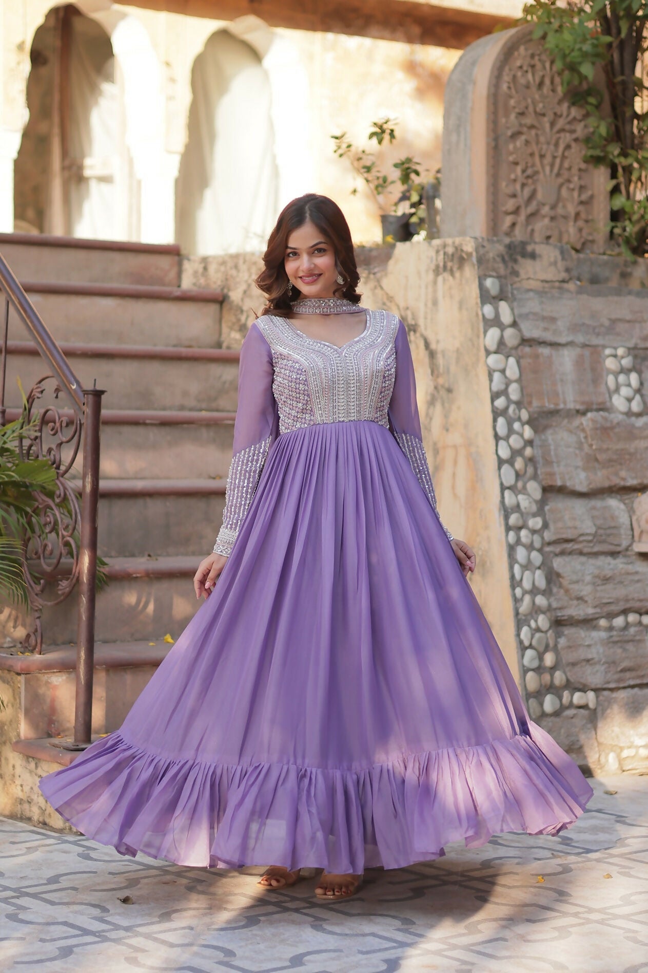 Joban Fashion Lavender Georgette Sequence Embroidery Work Kurta Set