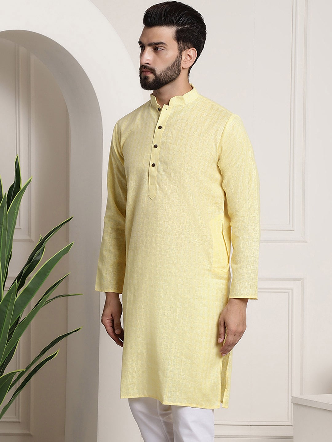 Sojanya Men Yellow Dobby Self-Checked Straight Kurta 