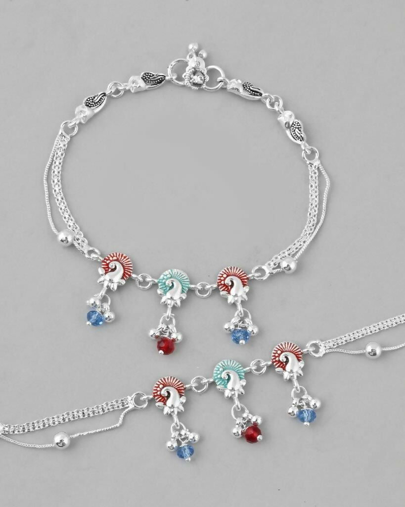 VOJ Set of 2 Silver Plated Peacock Shaped Multi Color Anklet 