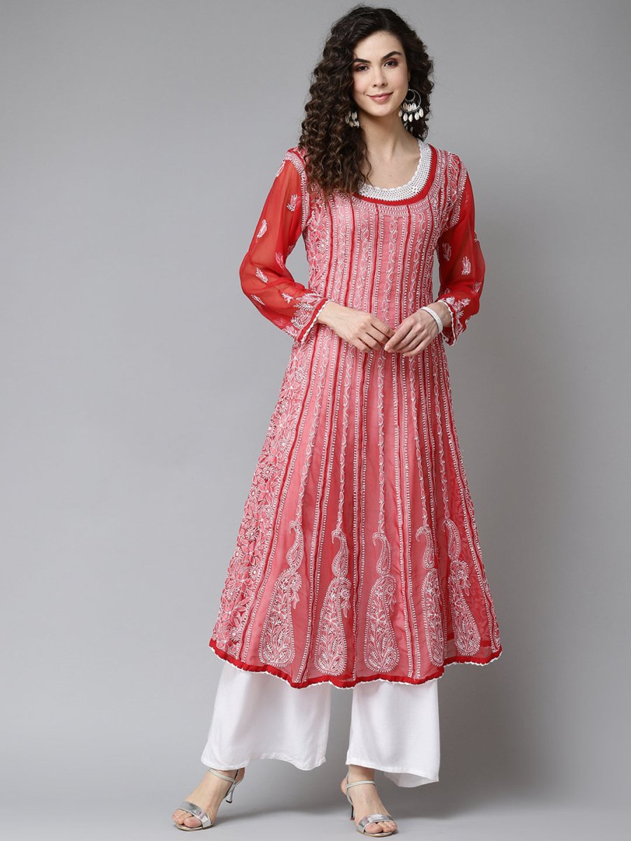 ADA Women Red & White Ethnic Motifs Embroidered Chikankari Georgette Kurta 
