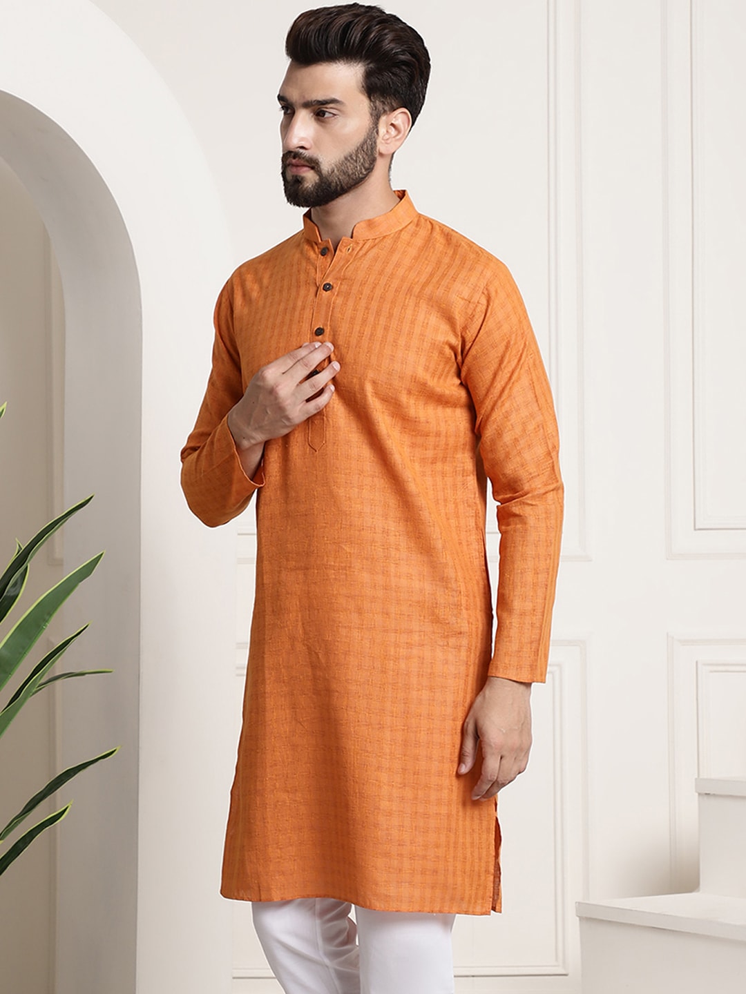 Sojanya Men Orange Dobby Self-Checked Straight Kurta 