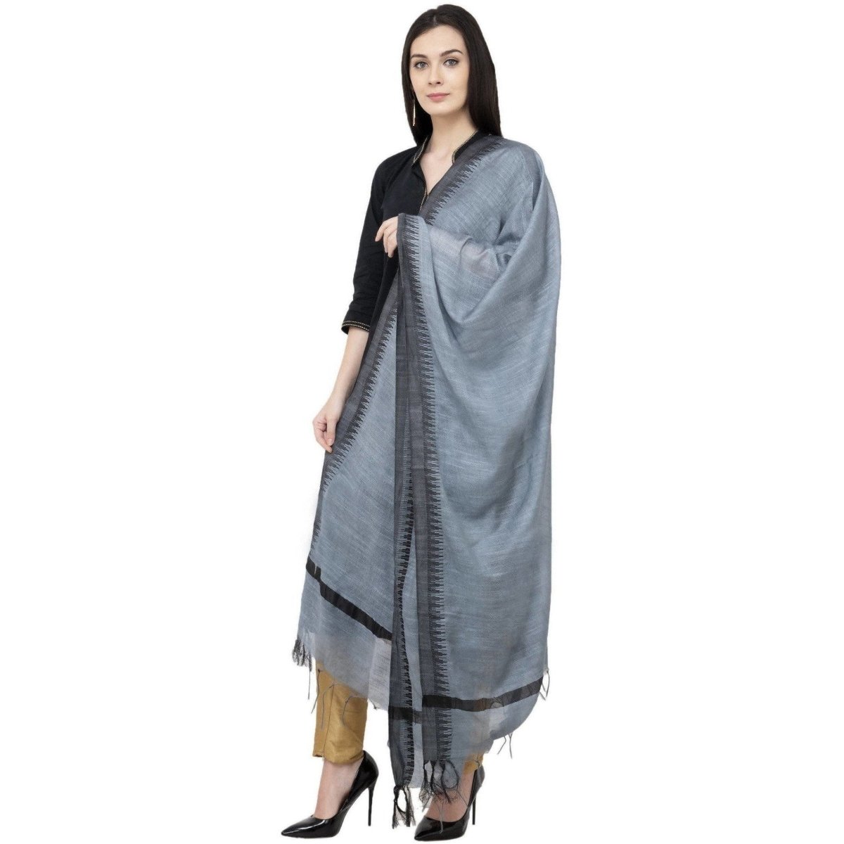 A R Silk Black Temple border Regular Dupatta Color Gray Dupatta or Chunni 