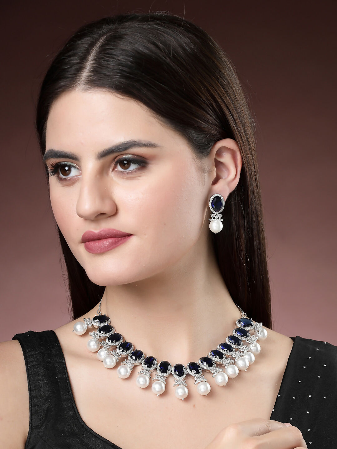 NVR Women's Silver-Plated Blue American Diamond Studded Handcrafted Jewellery Set - Grab2buy