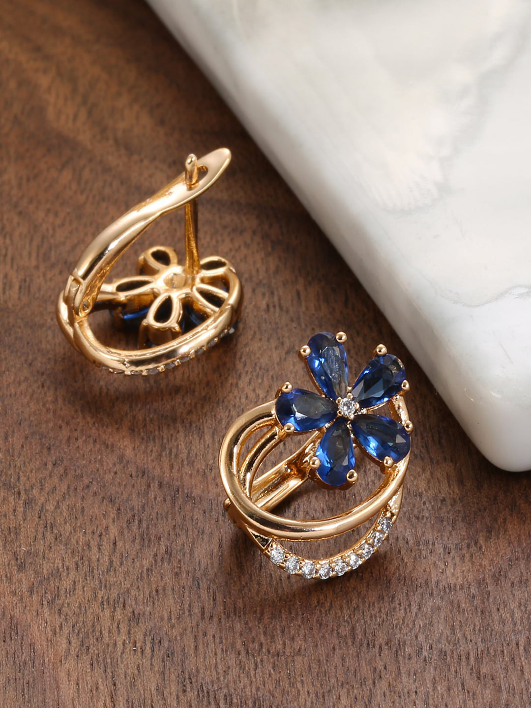 Shining Diva Rose Gold-Plated Blue Floral Studs Earrings - Grab2buy
