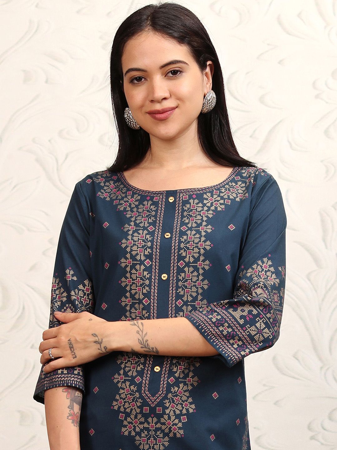 Vishudh Women Navy Blue Printed A-Line Kurta | Grab2Buy