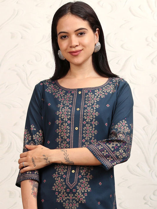 Vishudh Women Navy Blue Printed A-Line Kurta | Grab2Buy