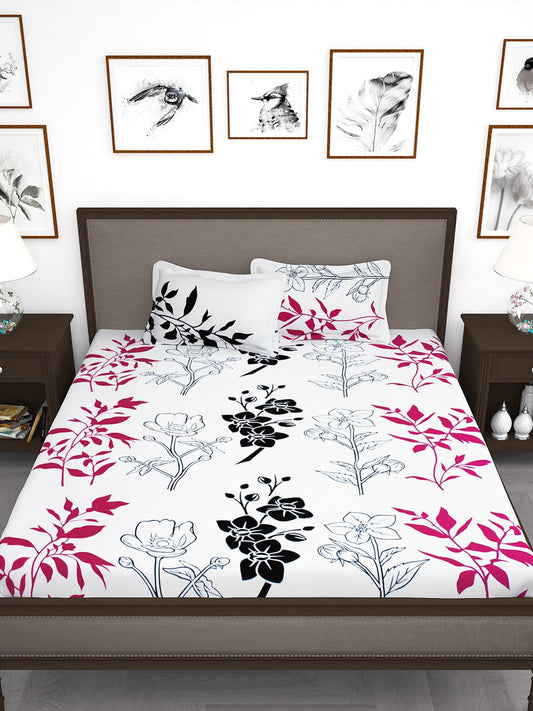 Story@home White & Pink Floral King Bedsheet with 2 Pillow Covers 