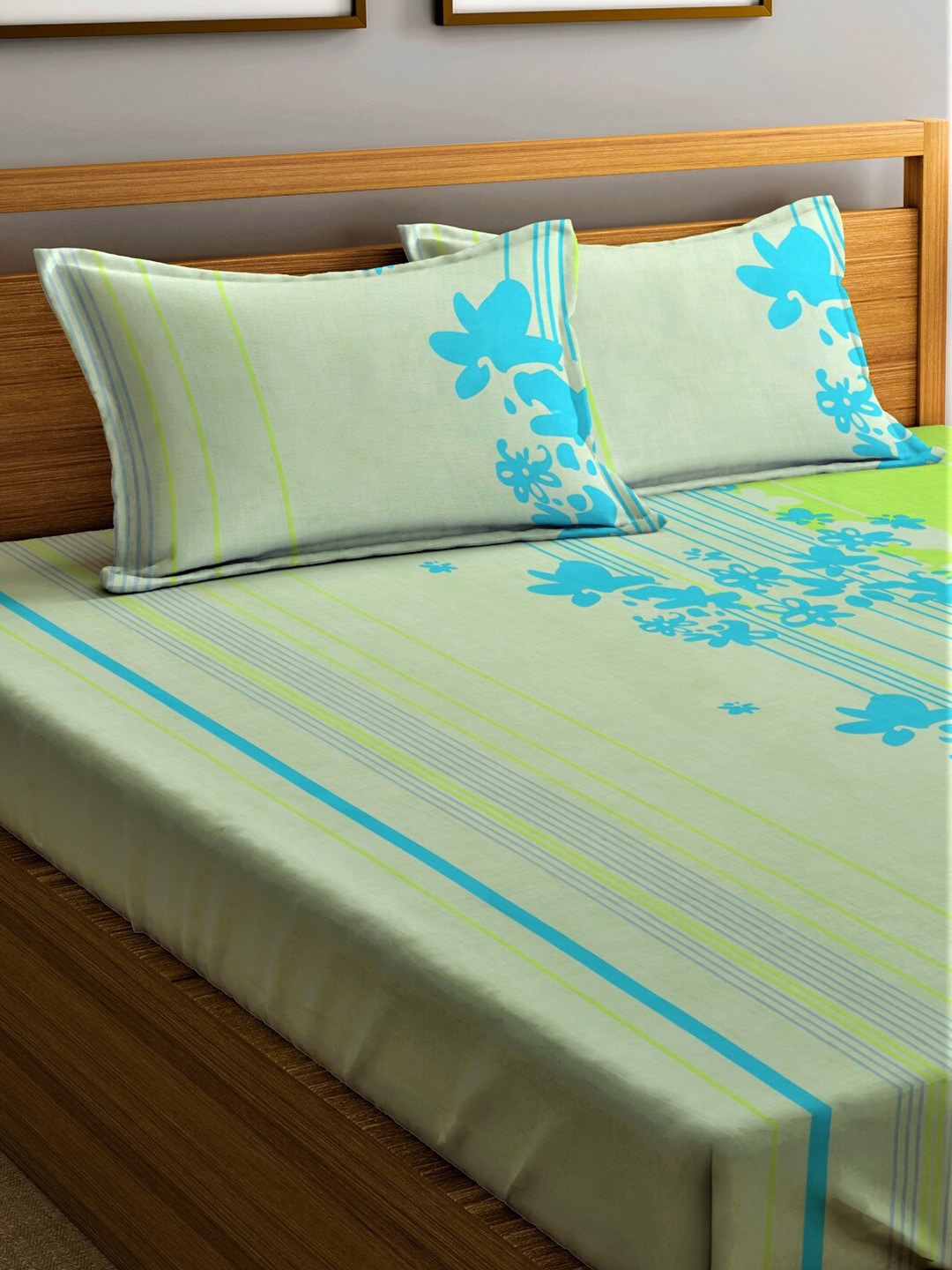 Home Sizzler Green & Blue Floral Cotton 210 TC Queen Bedsheet with 2 Pillow Covers 