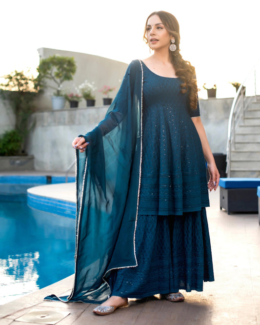Malishka Women's Blue Embroidered Cotton Kurta Sharara Set With Dupatta - Blue - Grab2buy