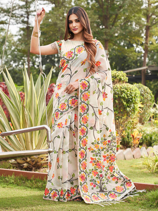 Tikhi Imli White Floral Woven Design Grab2Buy