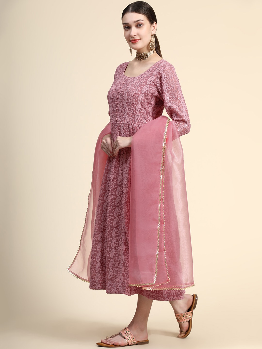 Kalini Paisley Embroidered Chikankari Georgette Anarkali Kurta With Dupatta Set 