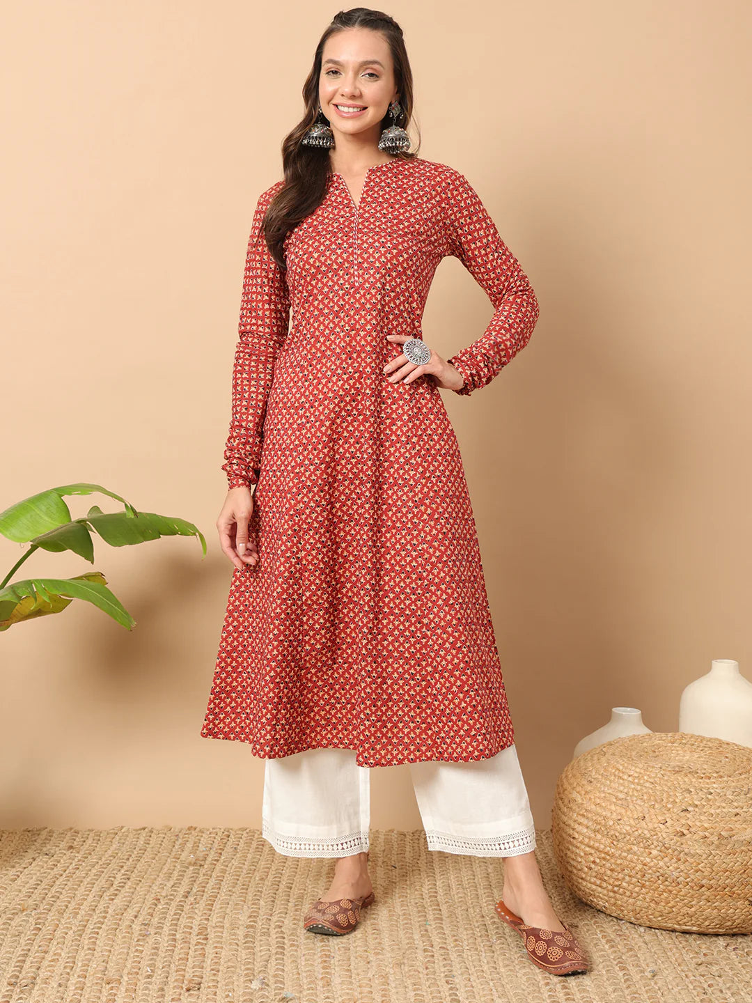 FIORRA Women's Floral Printed Red Cotton A-Line Kurta 