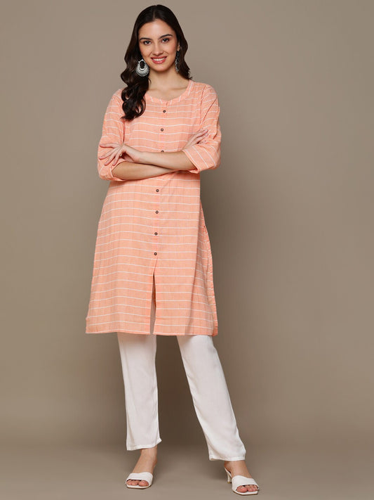 HERE&NOW Orange & White Checked Straight Kurta