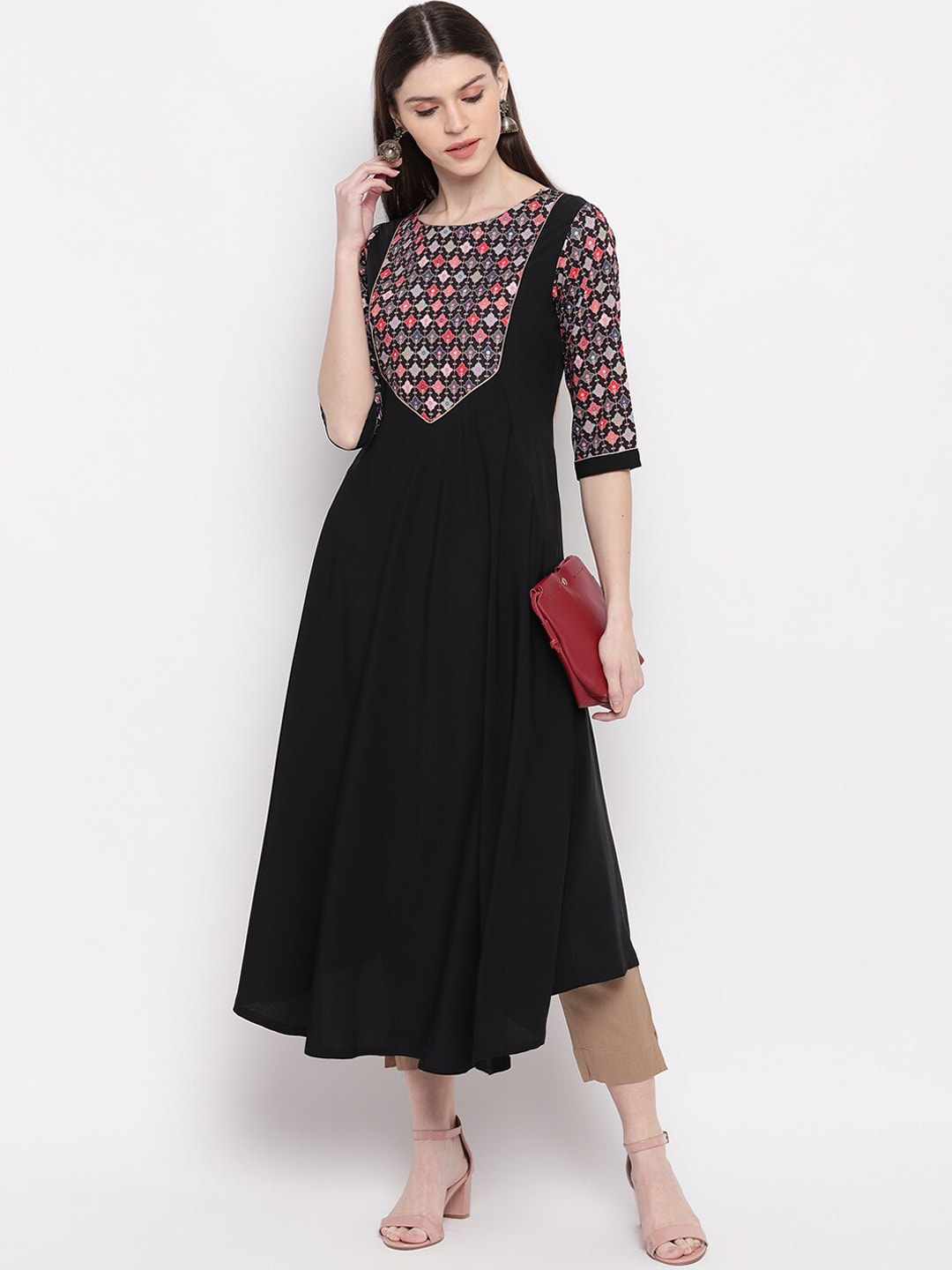 Janasya Women Black Geometric Yoke Design Crepe Anarkali Kurta