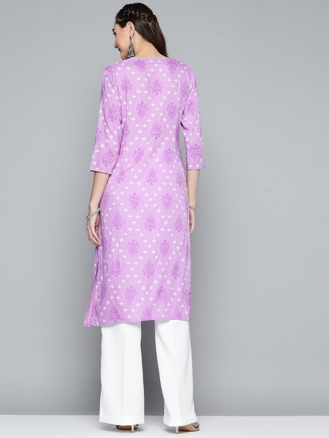 HERE&NOW Women Purple & White Ethnic Motifs Printed Embroidered Work Kurta