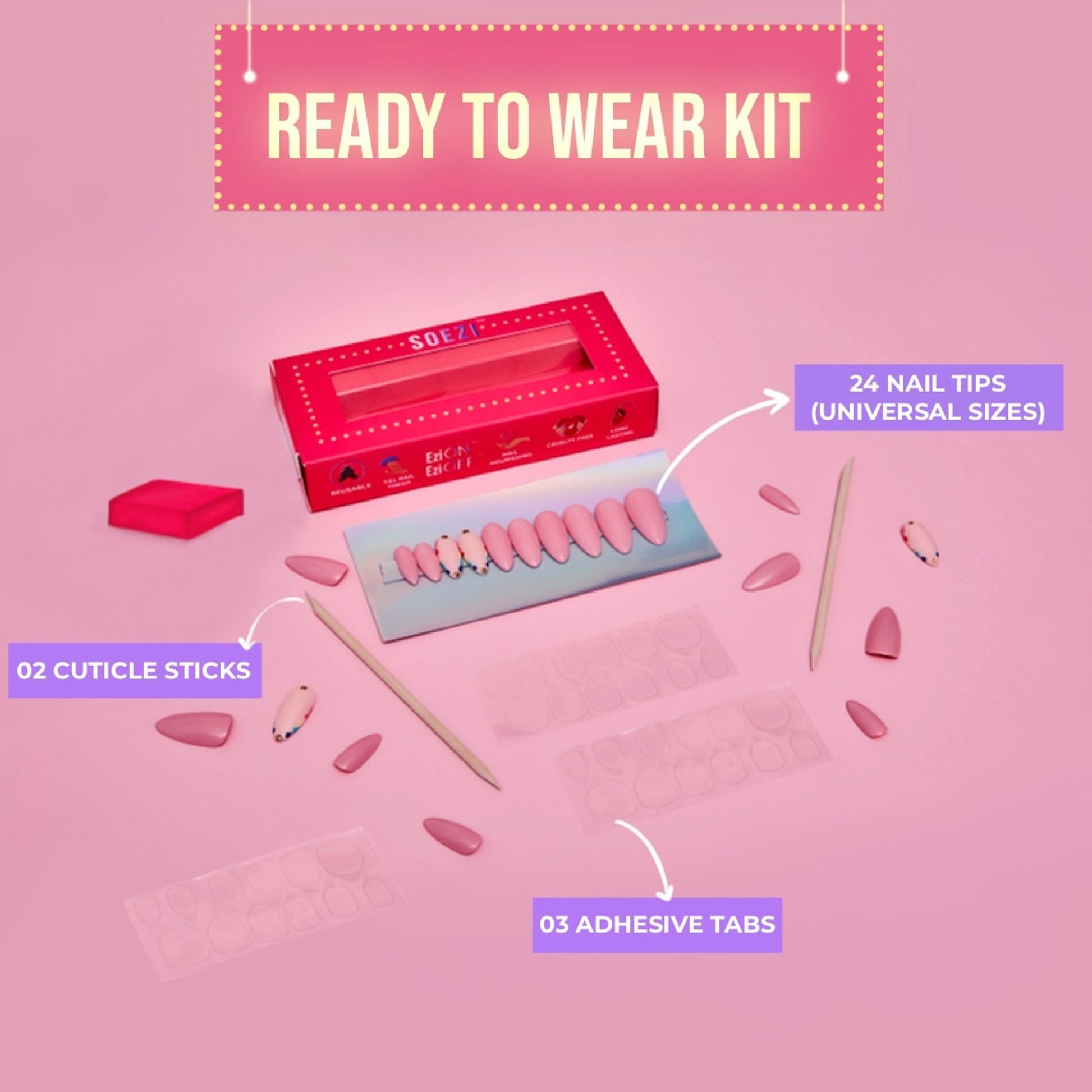 SOEZI 50 Shades Of Pink Reusable Press On Nails - Ready To Wear Kit