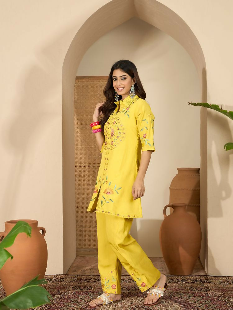 Joban Fashion Women Yellow Roman Silk Embroidered Stitched Kurta Set
