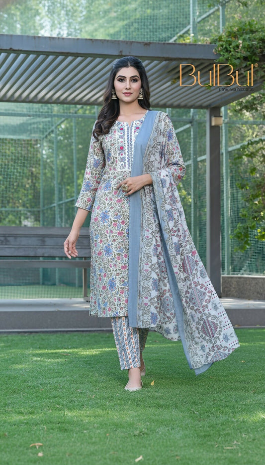 BulBul Fashionista Grey Floral Cotton Kurta Set with Dupatta