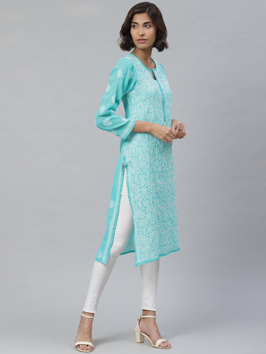 ADA Women Sea Green & White Floral Chikankari Embroidered Straight Sustainable Handloom Kurta 