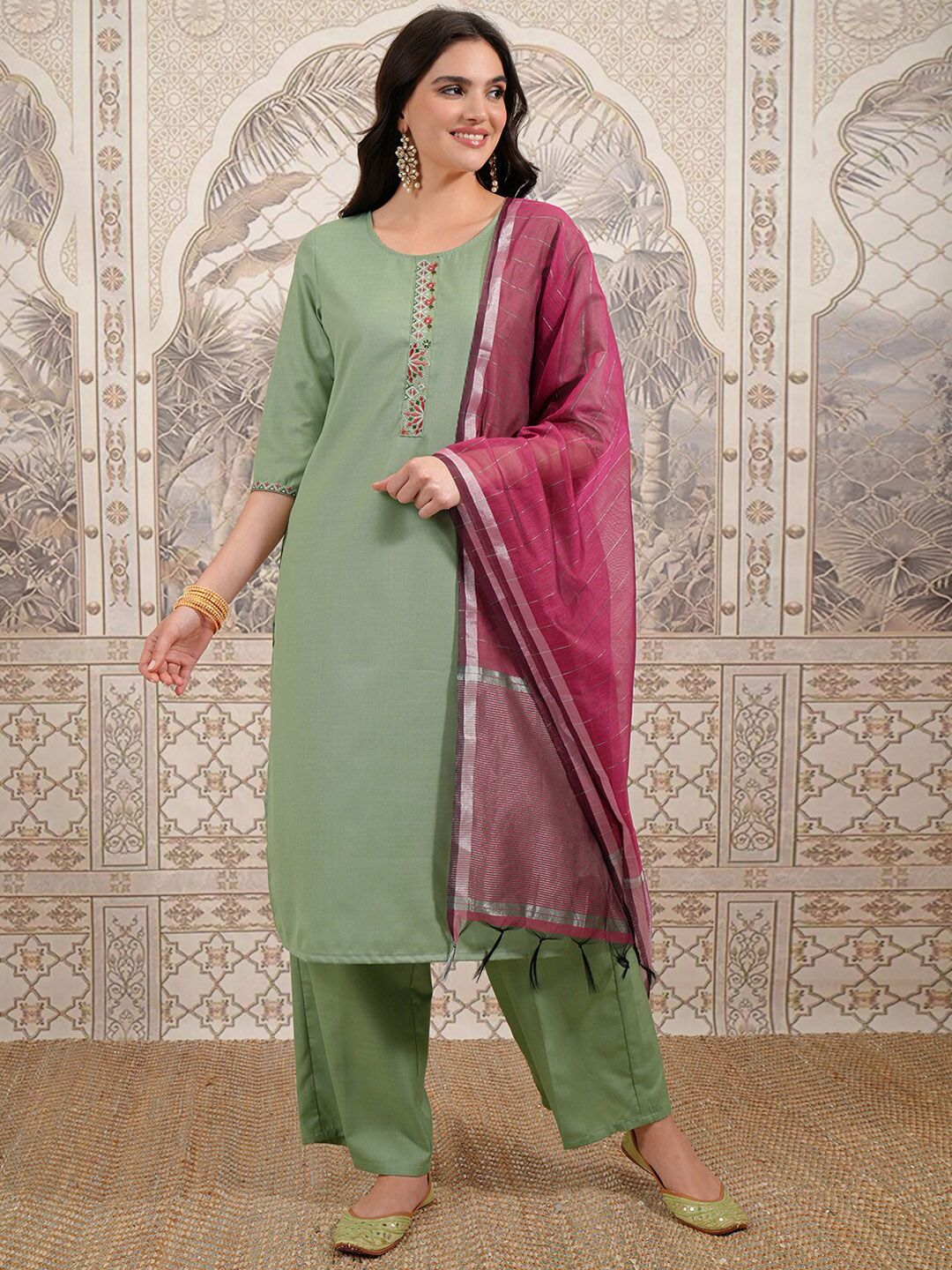 Vishudh Green Embroidered Thread Work Kurta with Trouser & Dupatta | Grab2Buy