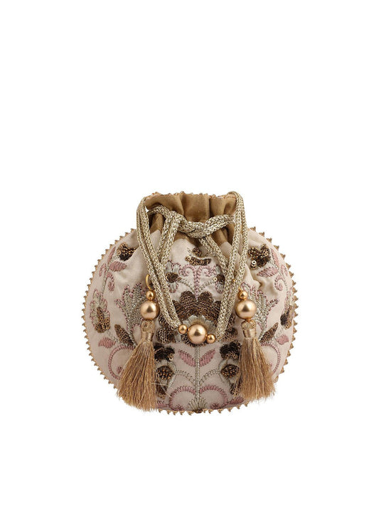 Masq Beige & Brown Embellished Embroidered Potli Clutch - Grab2buy
