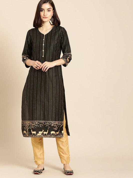 All About You Women Black & Gold Striped Regular Kurta with Trousers